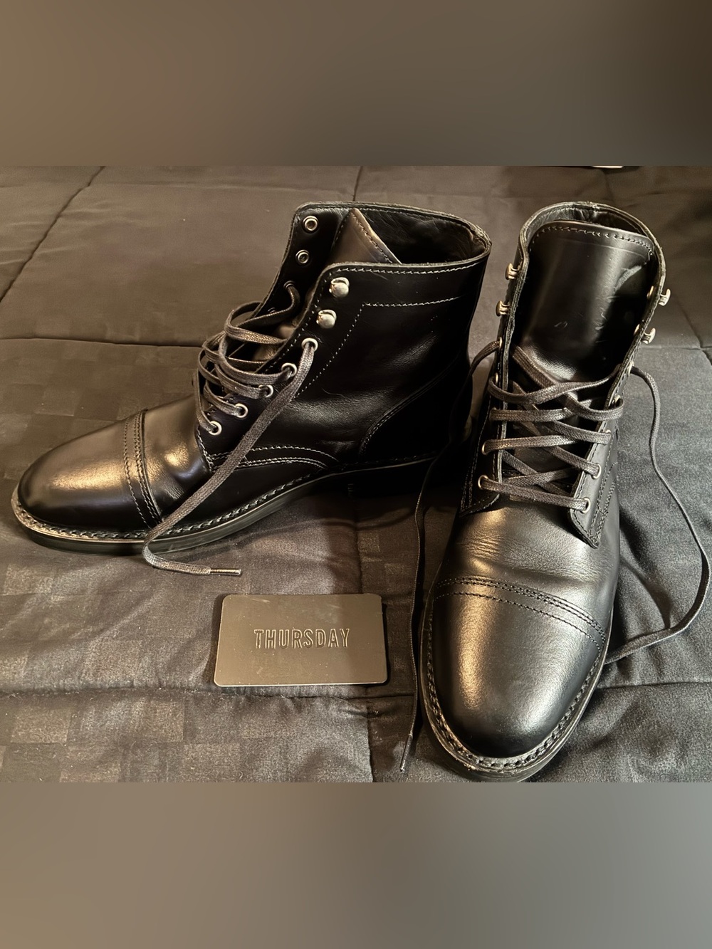 Thursday Boot Company Black Leather Cap-Toe Lace-Up Boots
